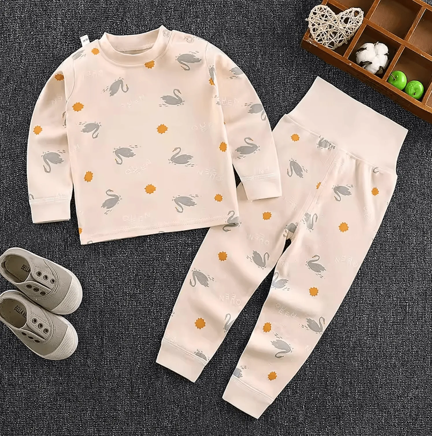🌿 Soft Cotton Kids Pajama Set – High-Waist Long Johns for Boys & Girls (1-6 Years)