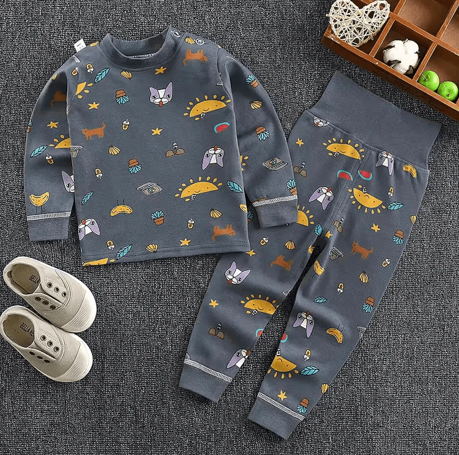 🌿 Soft Cotton Kids Pajama Set – High-Waist Long Johns for Boys & Girls (1-6 Years)