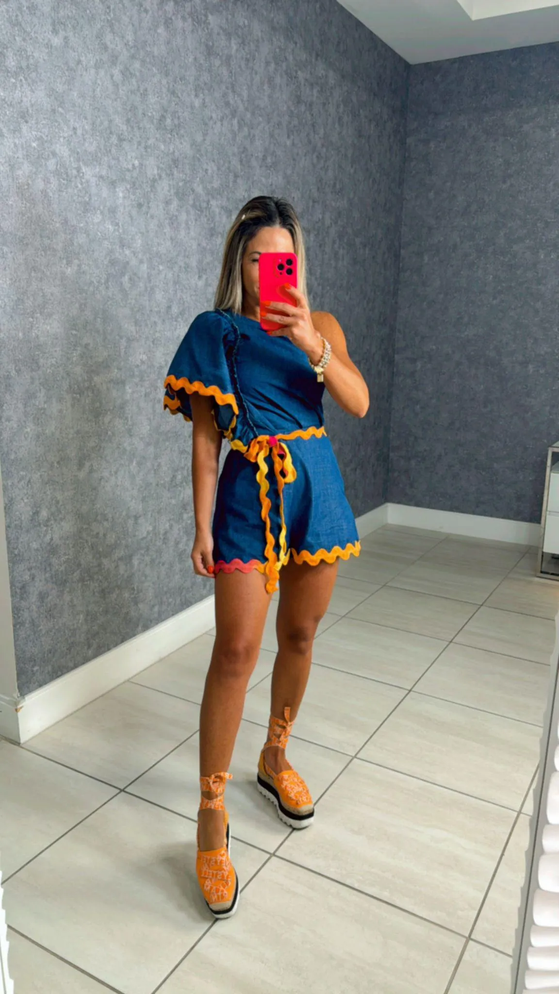 0369 Denim trim one shoulder romper