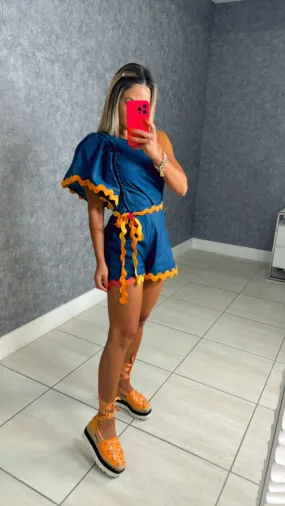 0369 Denim trim one shoulder romper