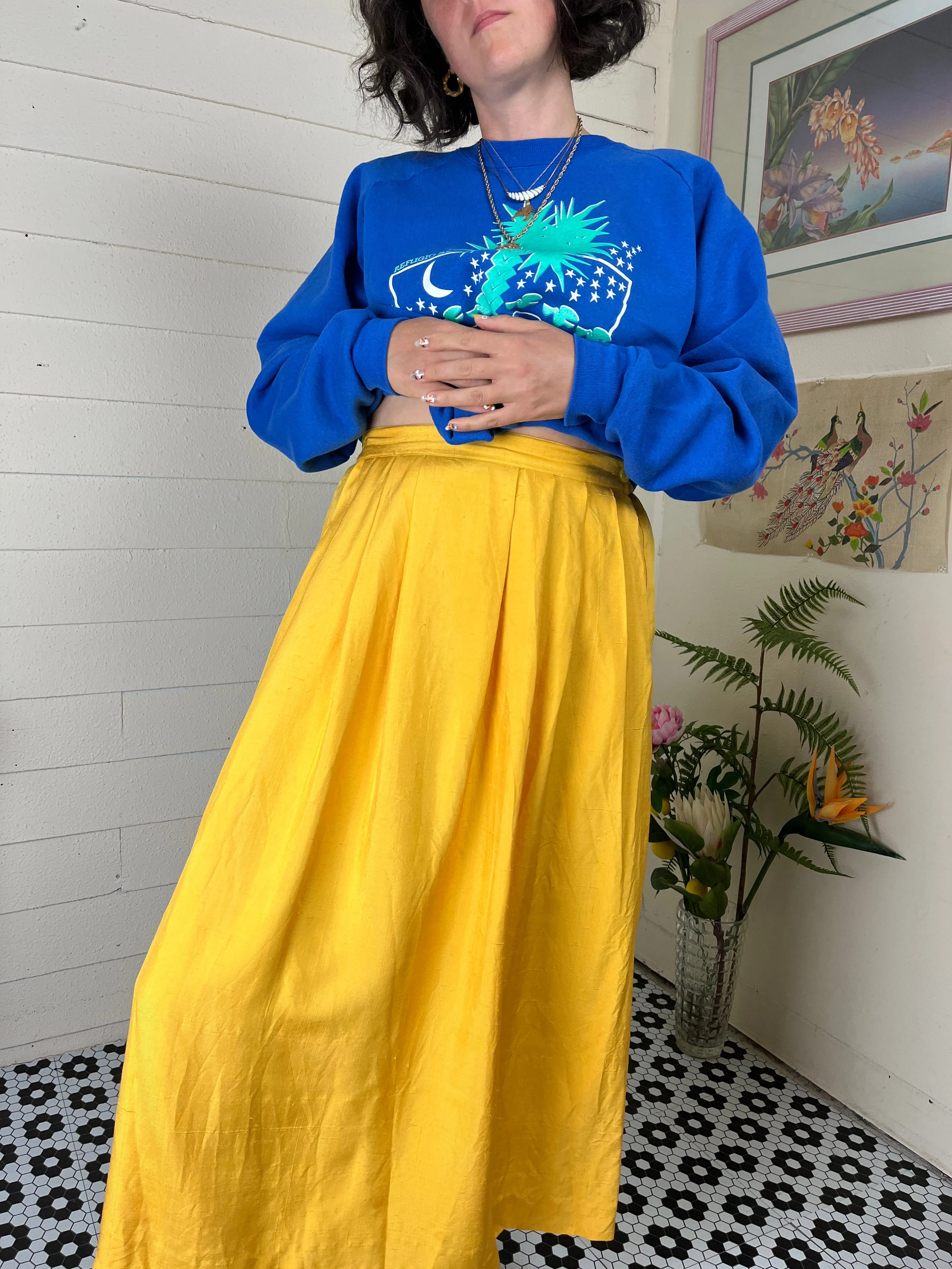 90s RAW SILK BRIGHT YELLOW MAXI SKIRT