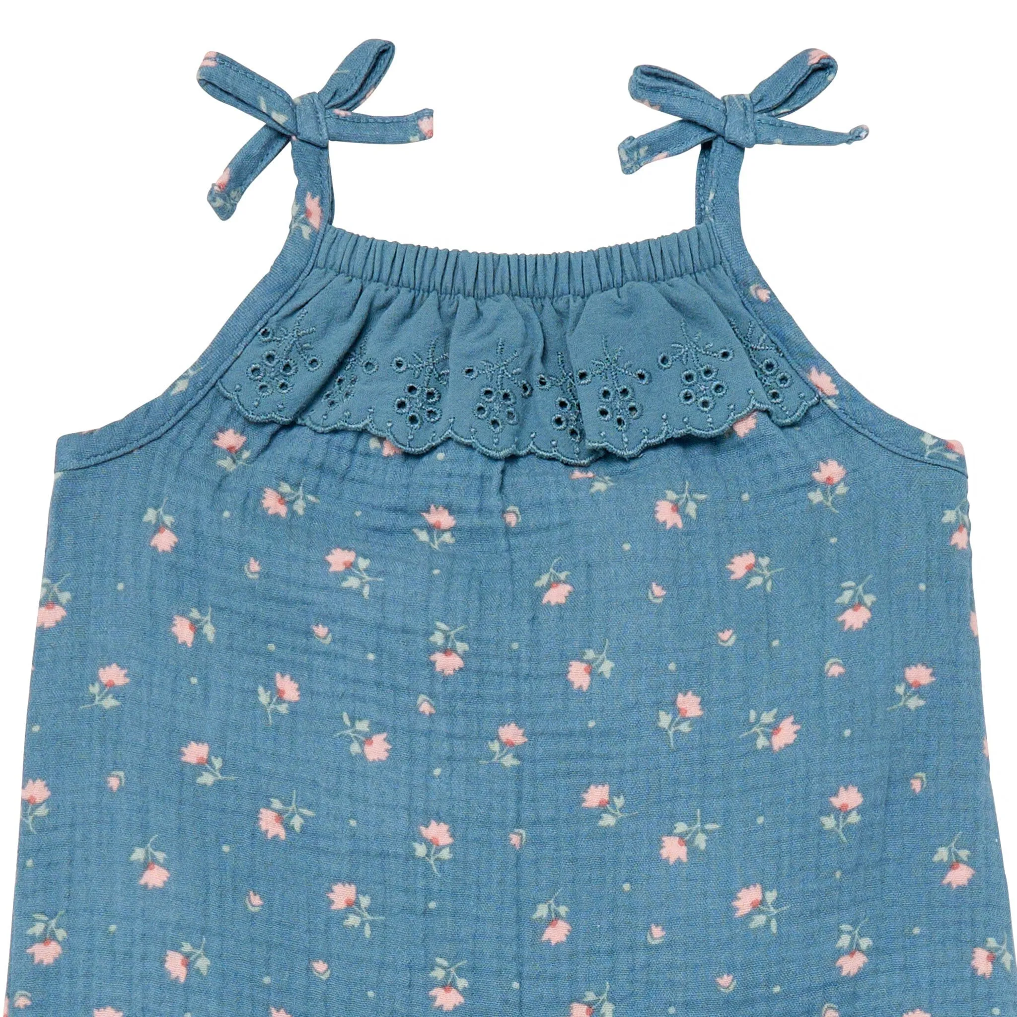 Baby Girls Teal Aster Flower Sleeveless Ruffle Romper