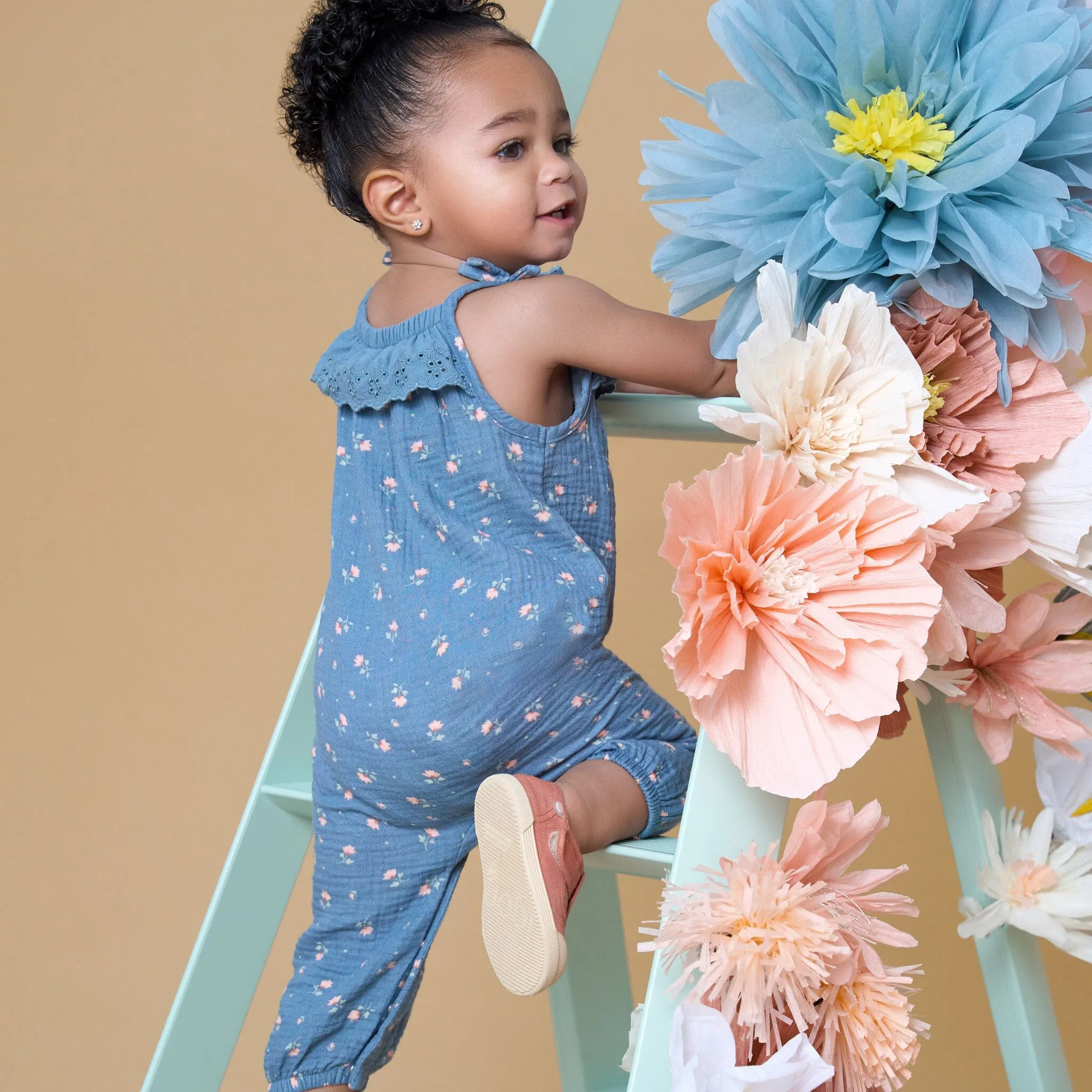 Baby Girls Teal Aster Flower Sleeveless Ruffle Romper