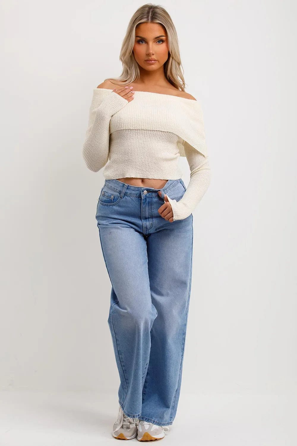 Bardot Jumper With Fold Over Detail Beige