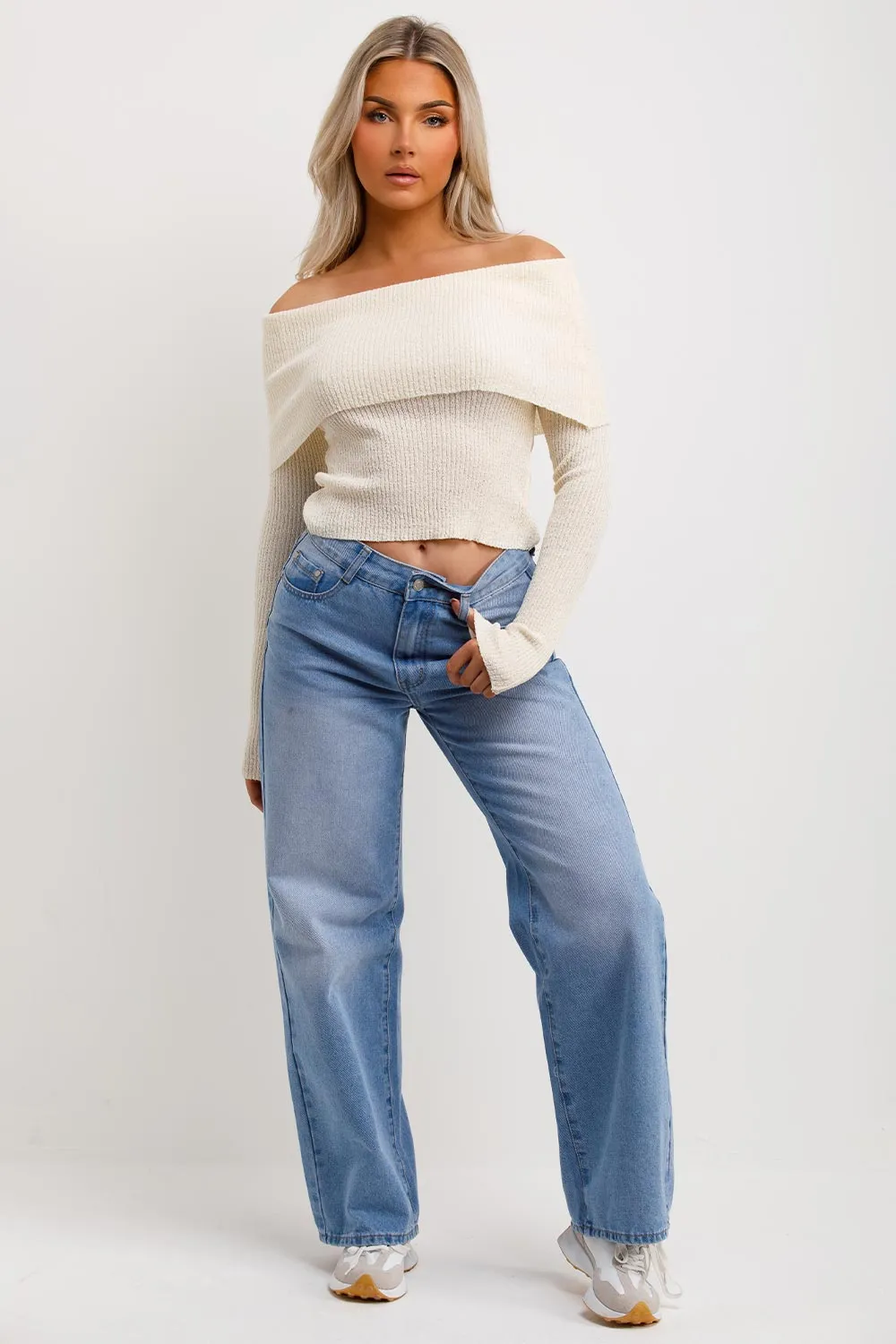 Bardot Jumper With Fold Over Detail Beige