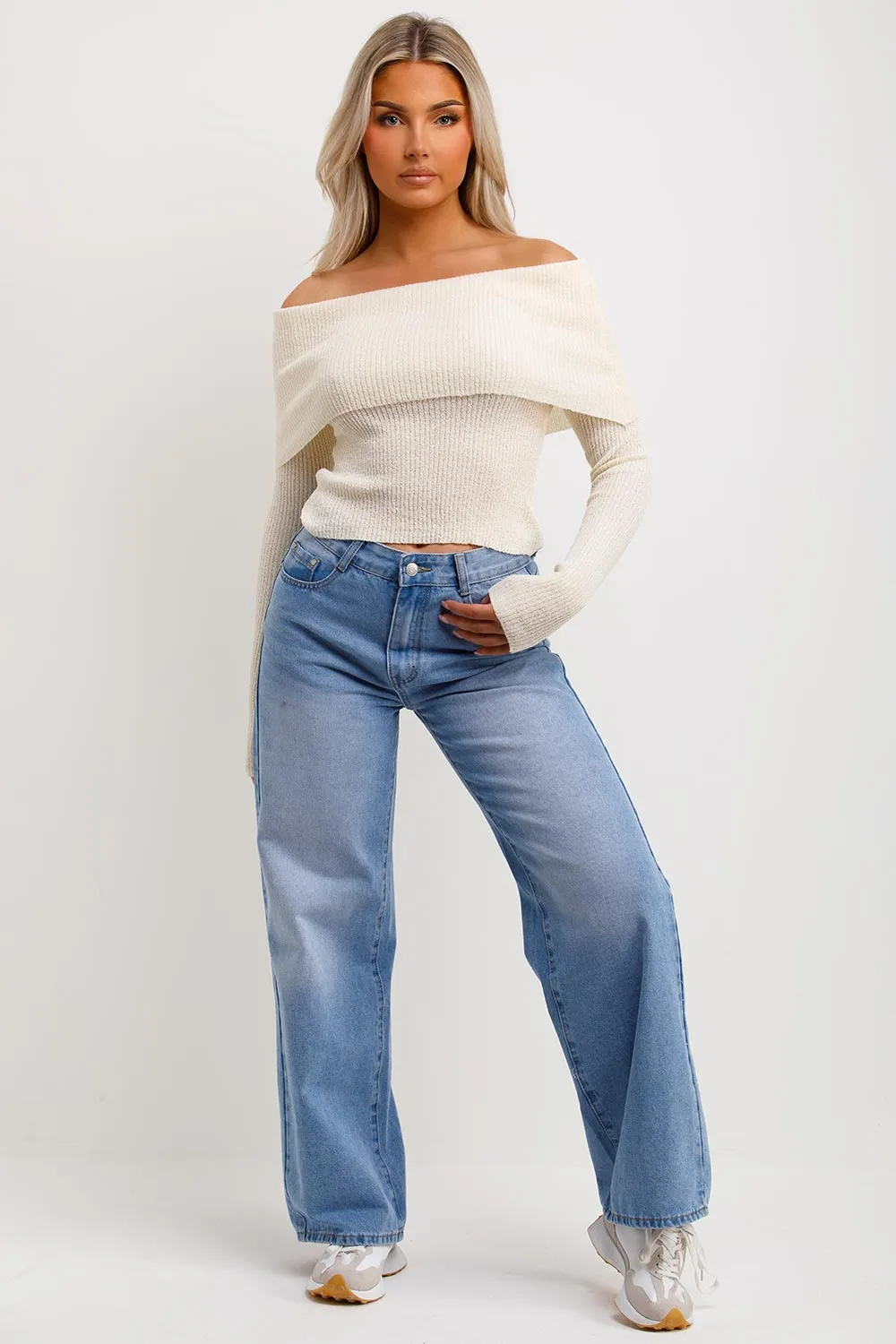 Bardot Jumper With Fold Over Detail Beige
