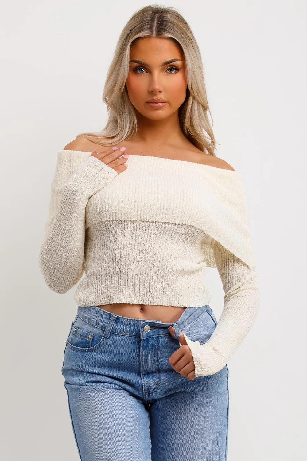 Bardot Jumper With Fold Over Detail Beige