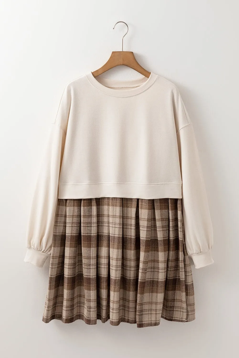 Beige Plaid Sweatshirt Dress