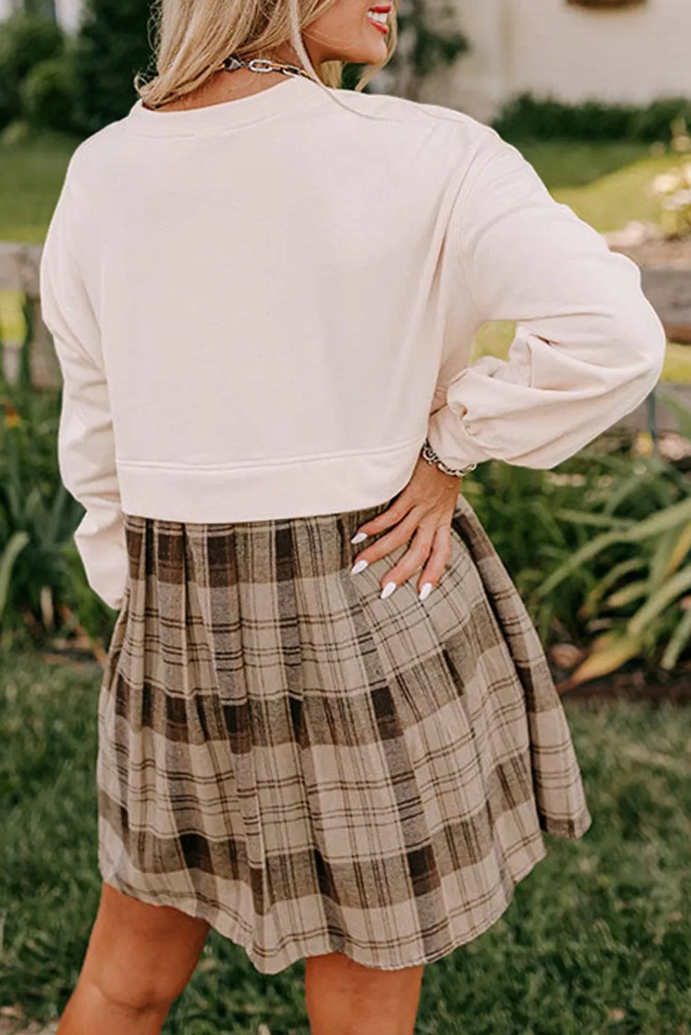 Beige Plaid Sweatshirt Dress