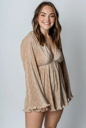 Bell sleeve pleated romper taupe