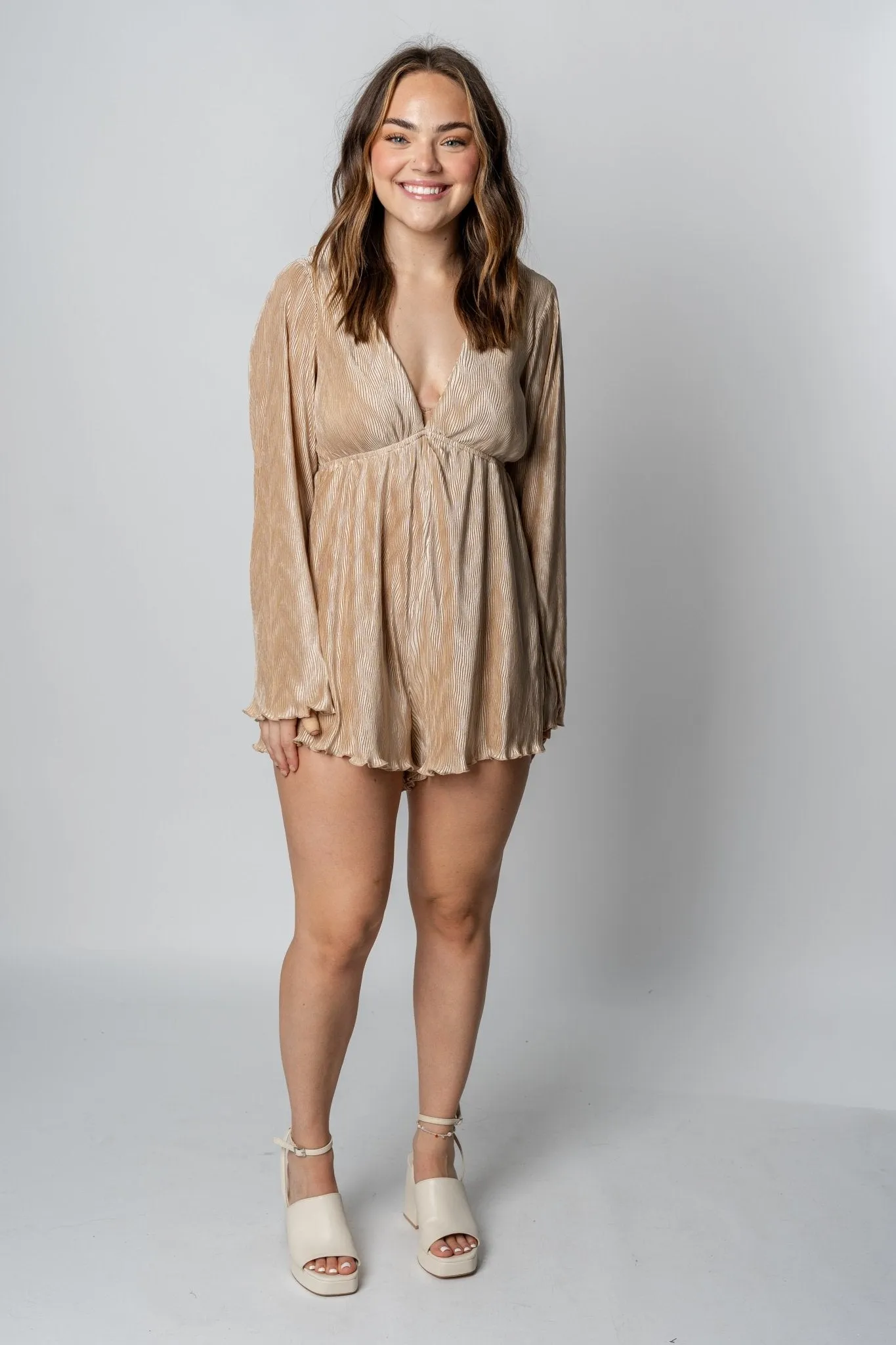 Bell sleeve pleated romper taupe