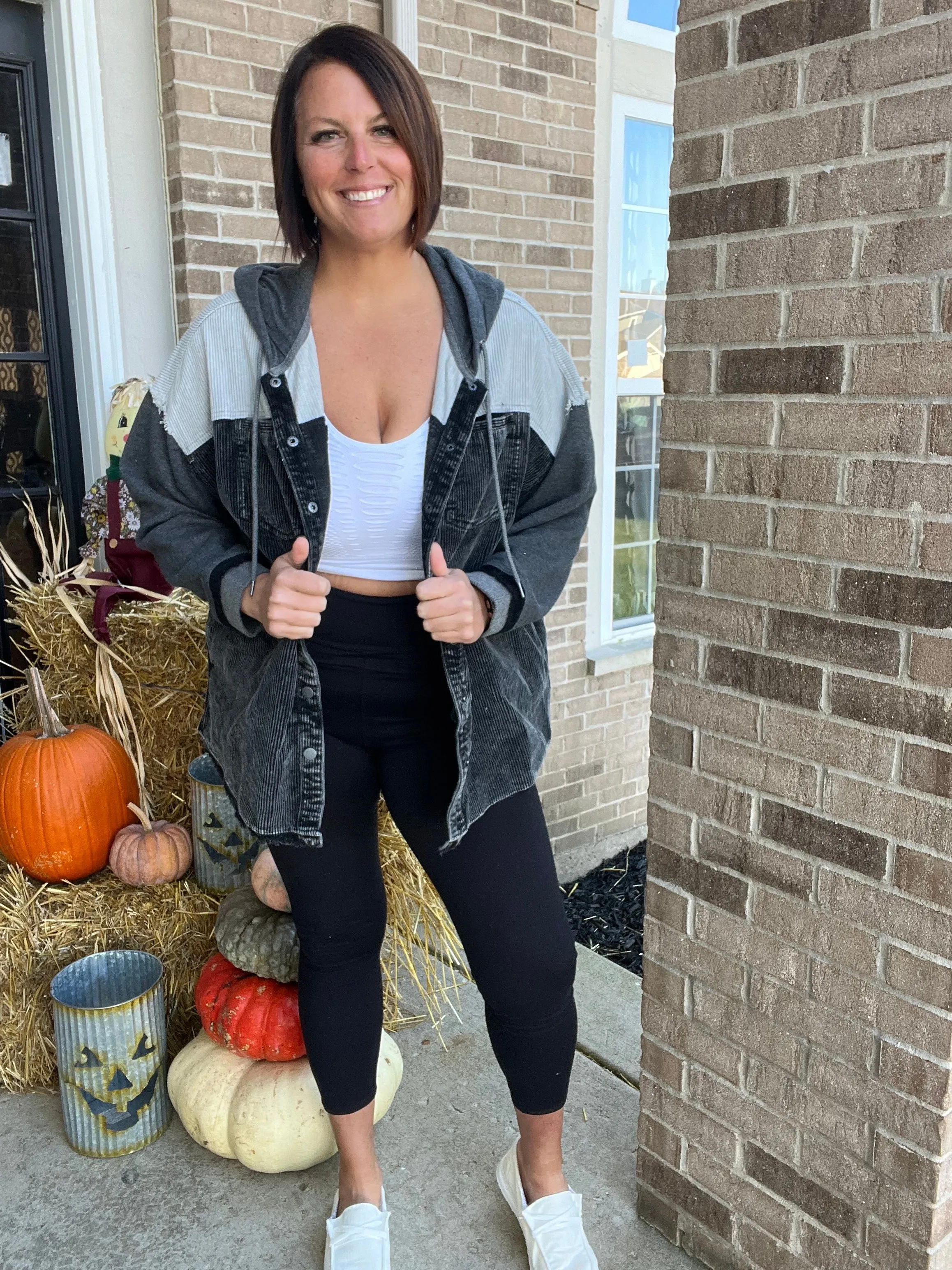 Black & Charcoal Colorblock Hooded Shacket