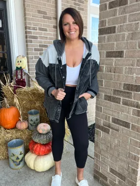 Black & Charcoal Colorblock Hooded Shacket
