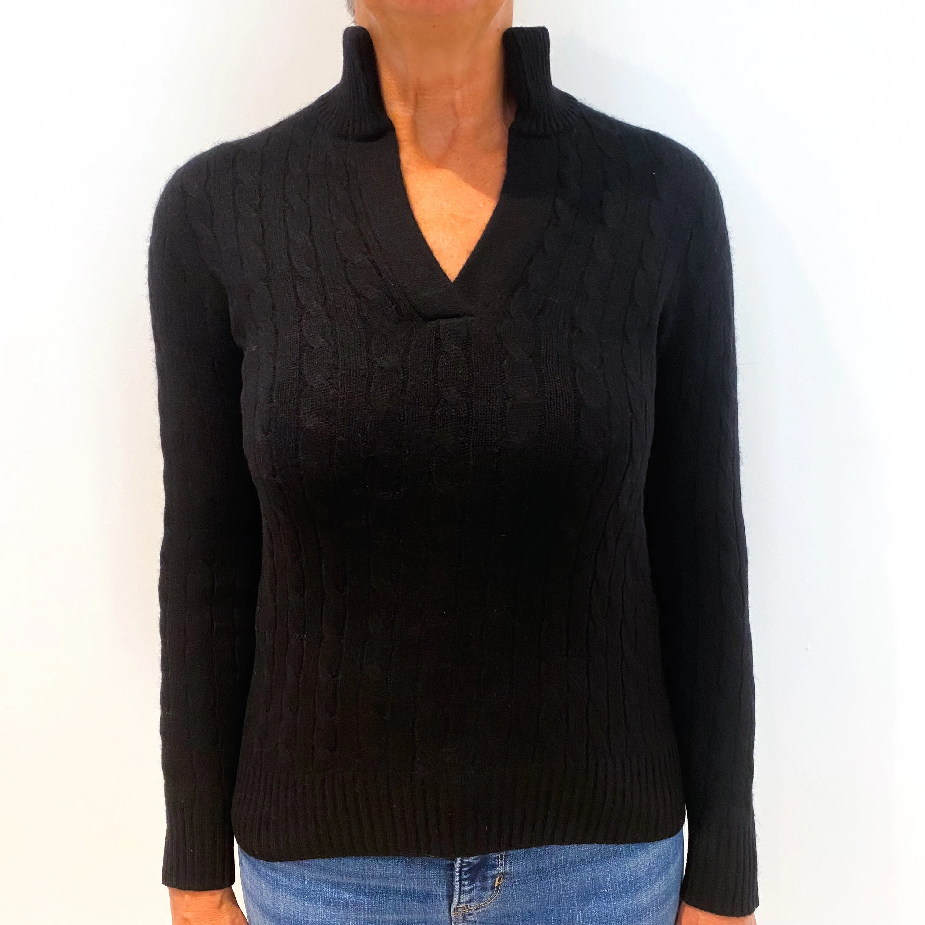 Black Cable Cashmere Collared V-Neck Jumper Medium