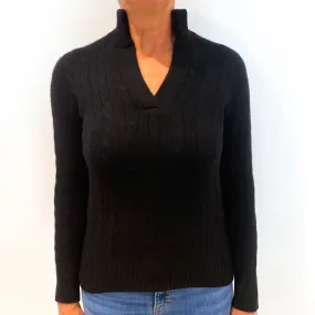 Black Cable Cashmere Collared V-Neck Jumper Medium