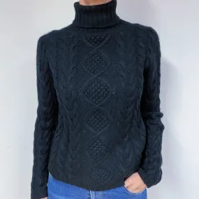 Black Chunky Cable Cashmere Polo Neck Jumper Medium