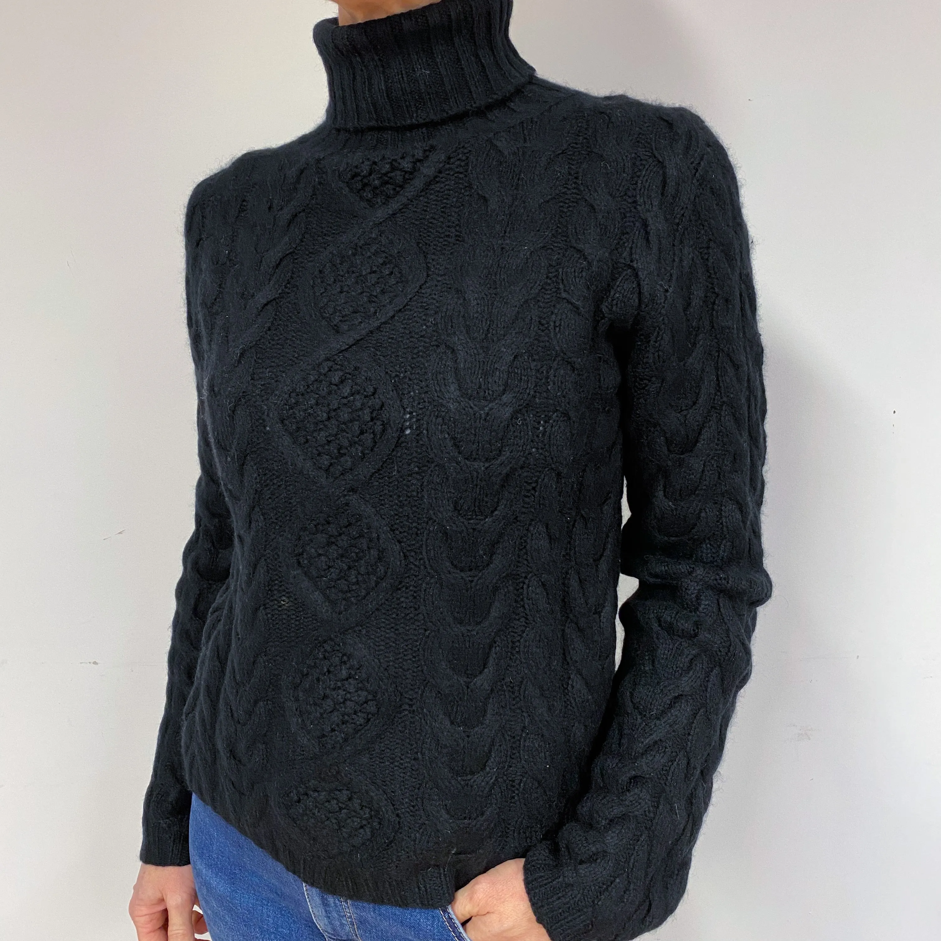 Black Chunky Cable Cashmere Polo Neck Jumper Medium