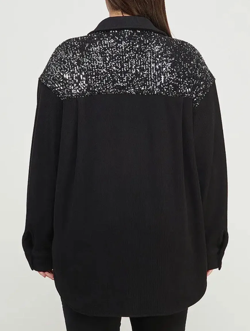 Black Corduroy Shacket with Sequin Plus