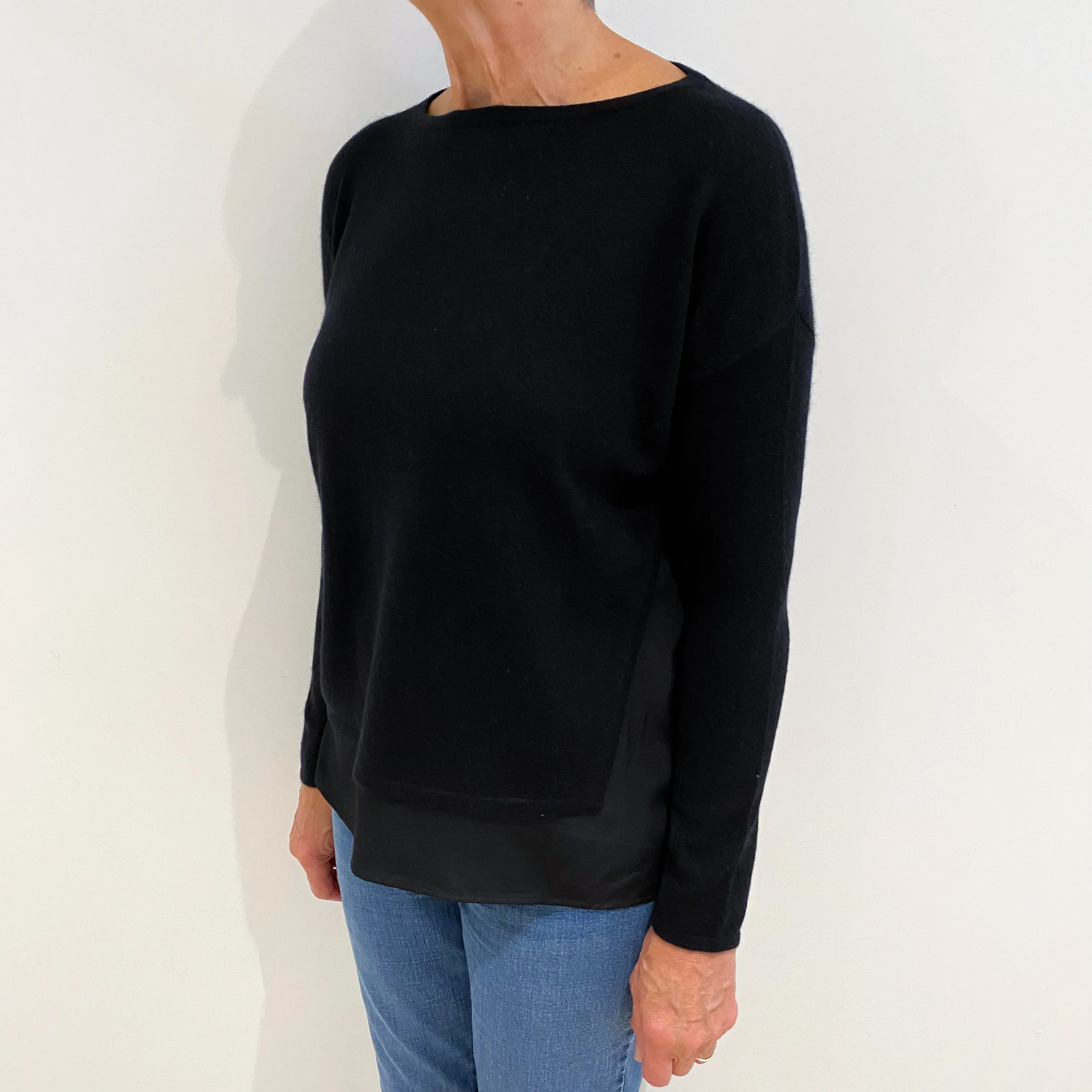 Black Silk Trim Cashmere Boat Neck Jumper Medium