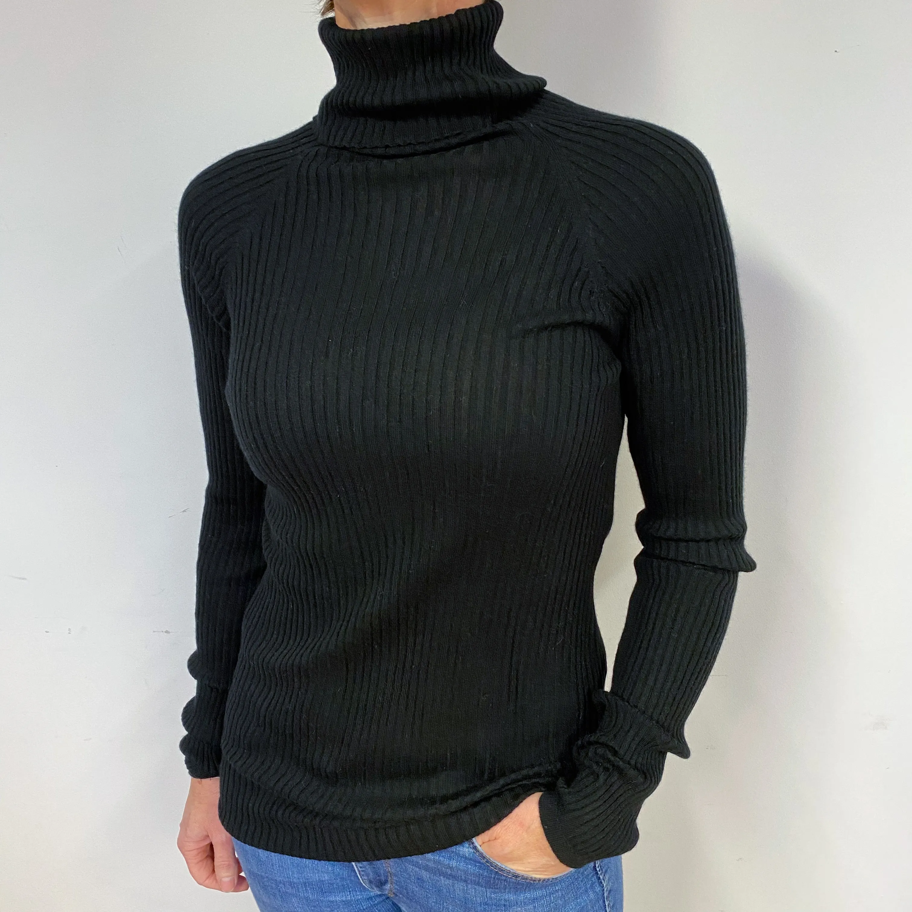 Black Skinny Ribbed Cashmere Polo Neck Jumper Medium