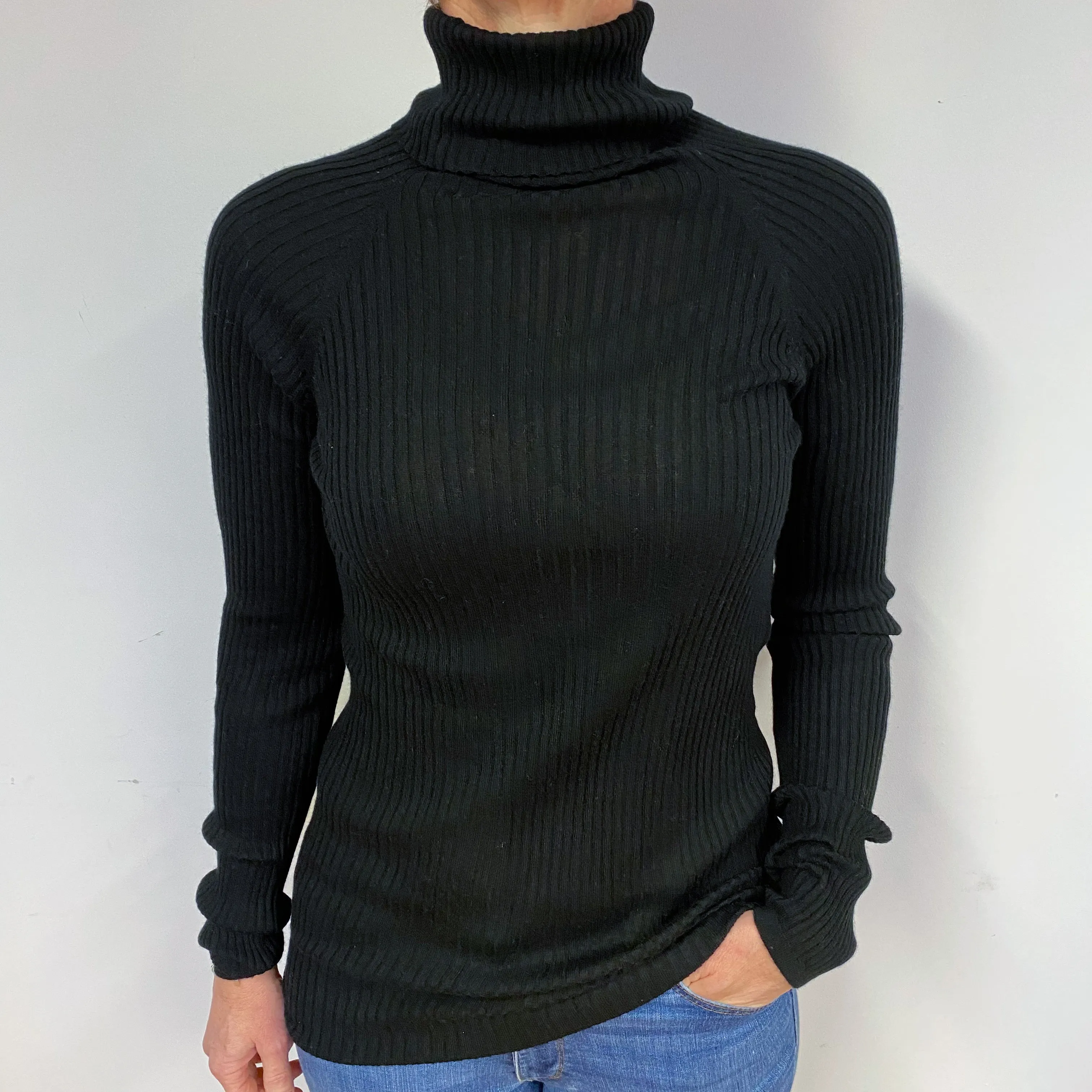 Black Skinny Ribbed Cashmere Polo Neck Jumper Medium