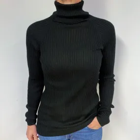 Black Skinny Ribbed Cashmere Polo Neck Jumper Medium