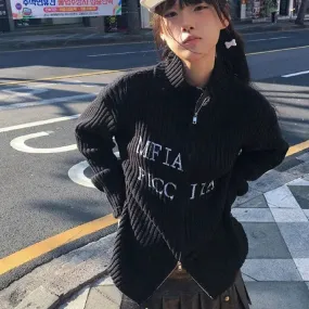 Black Woman Cardigan Coat Fall Winter Clothing Sueter Mujer Stand Neck Zipper Pull Femme Letter Embroidery Zipper Casual Sweater