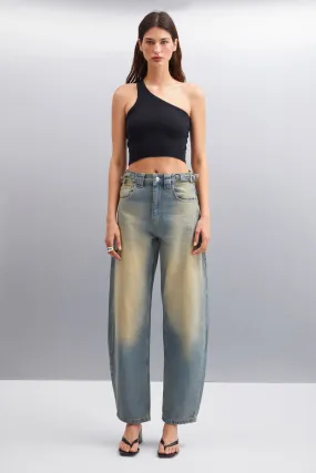 BLACK WOMEN'S WASHING REGULAR MOLD Normal waist 100 %cotton double pocket blue jeans