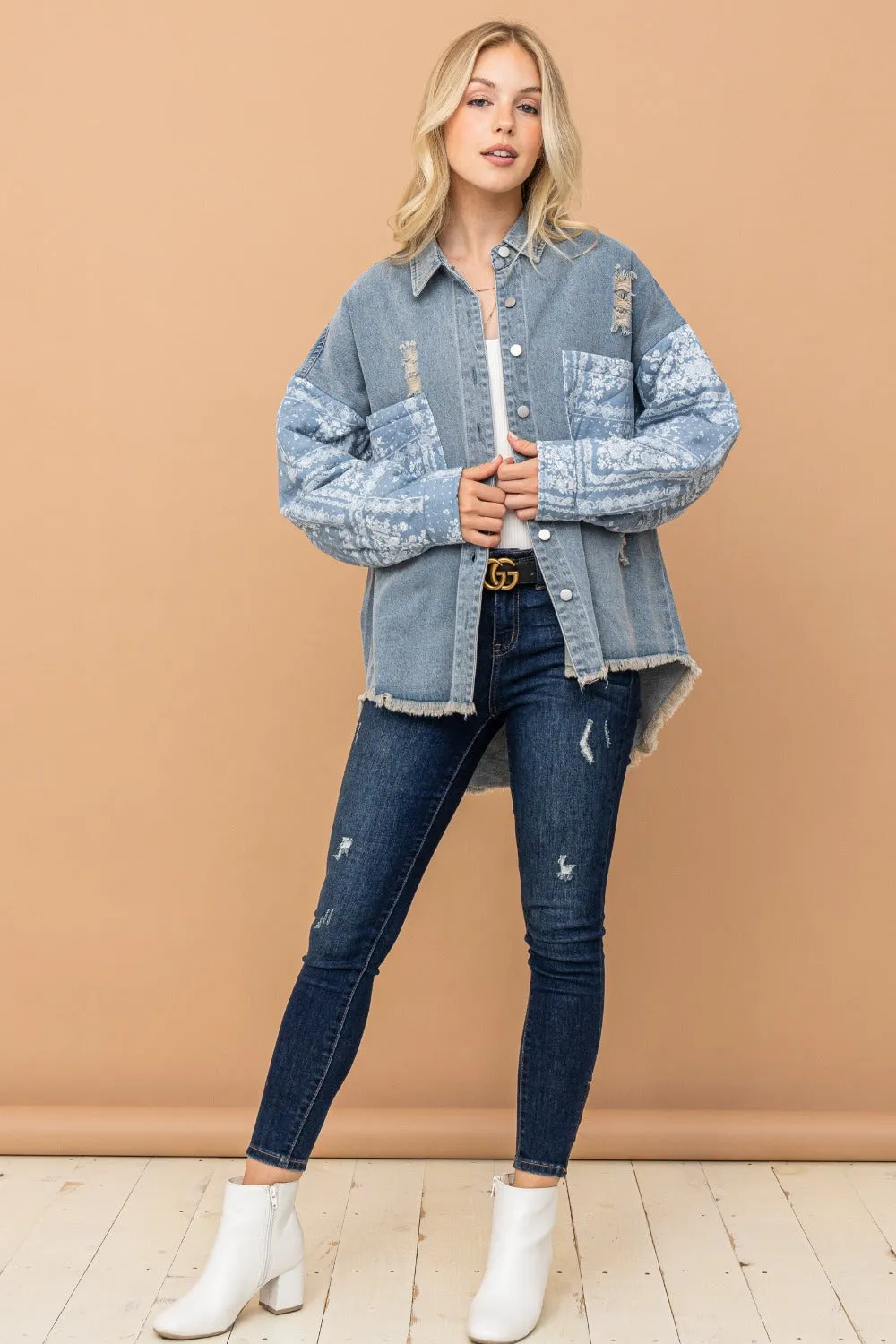 Blue Paisley Print Quilted Sleeves Denim Jacket