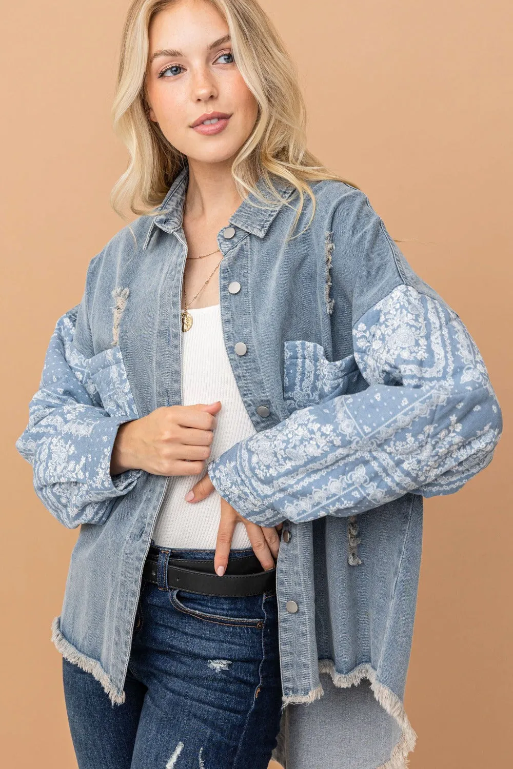 Blue Paisley Print Quilted Sleeves Denim Jacket