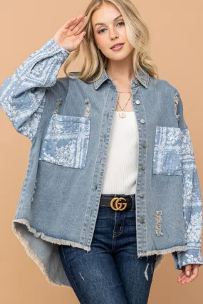 Blue Paisley Print Quilted Sleeves Denim Jacket