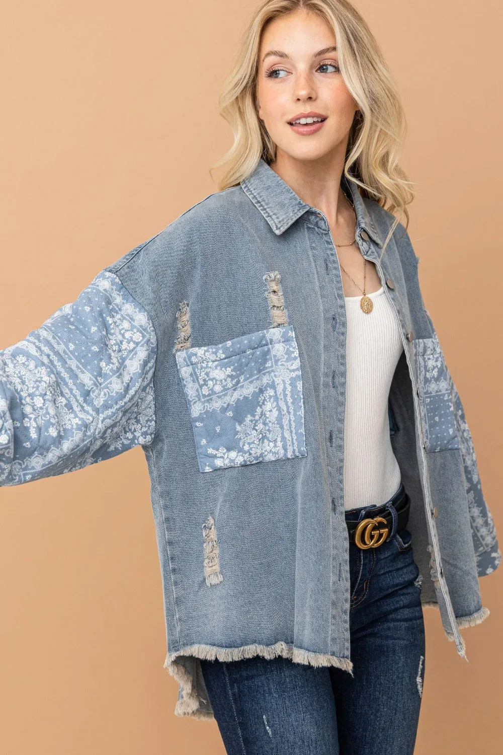 Blue Paisley Print Quilted Sleeves Denim Jacket
