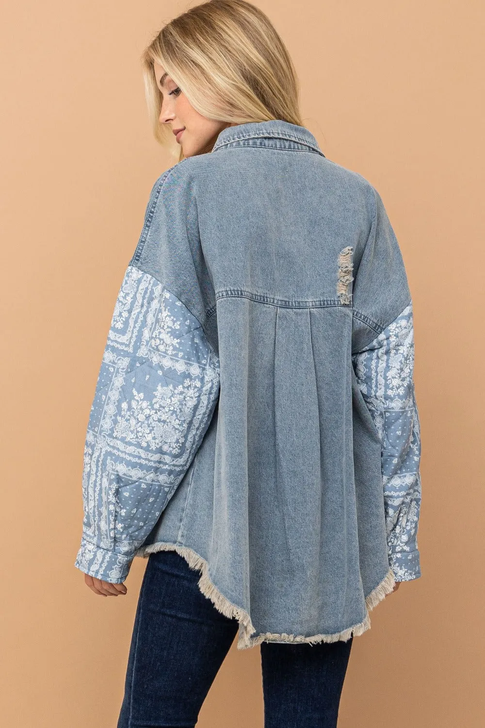 Blue Paisley Print Quilted Sleeves Denim Jacket