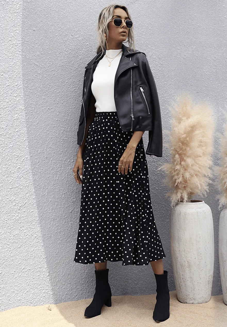 Boho Black Midi Skirt with White Polka Dots