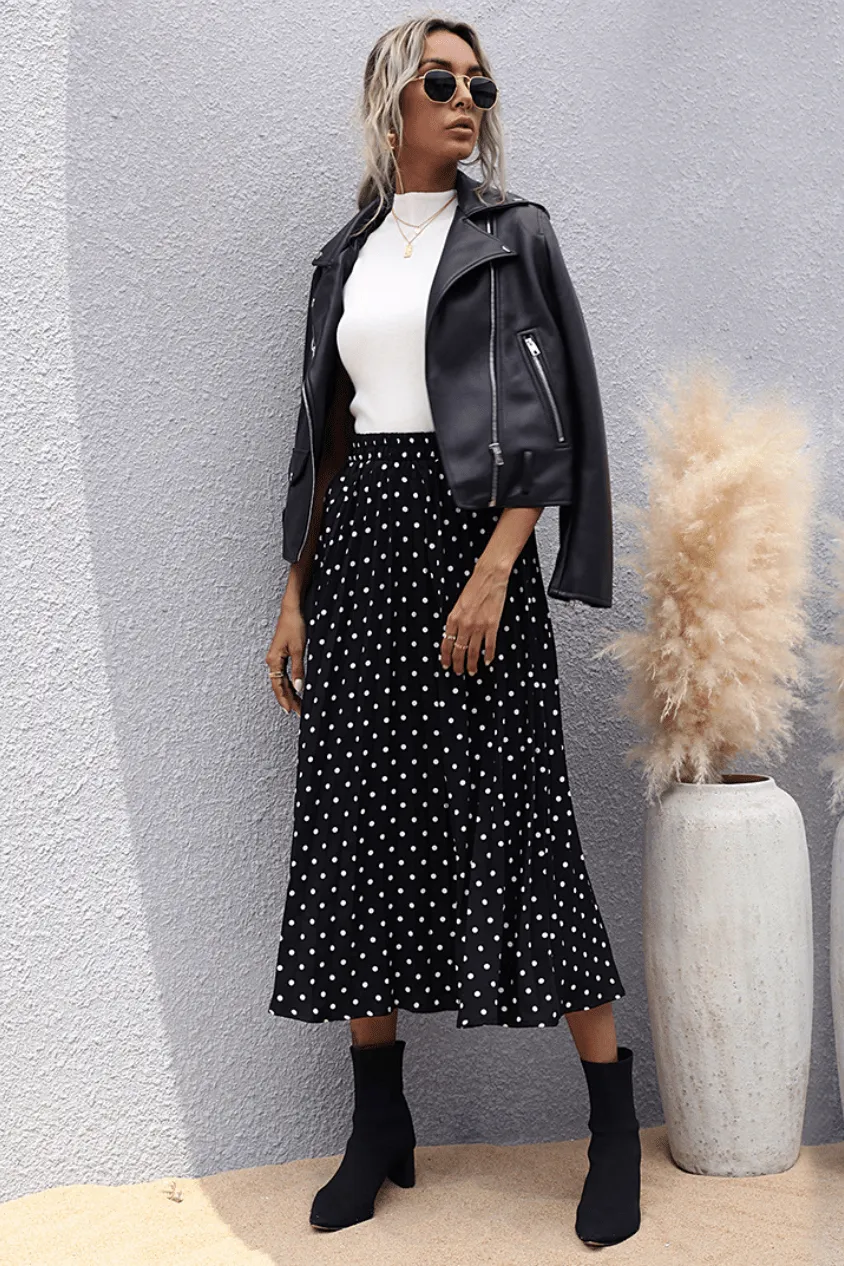 Boho Black Midi Skirt with White Polka Dots