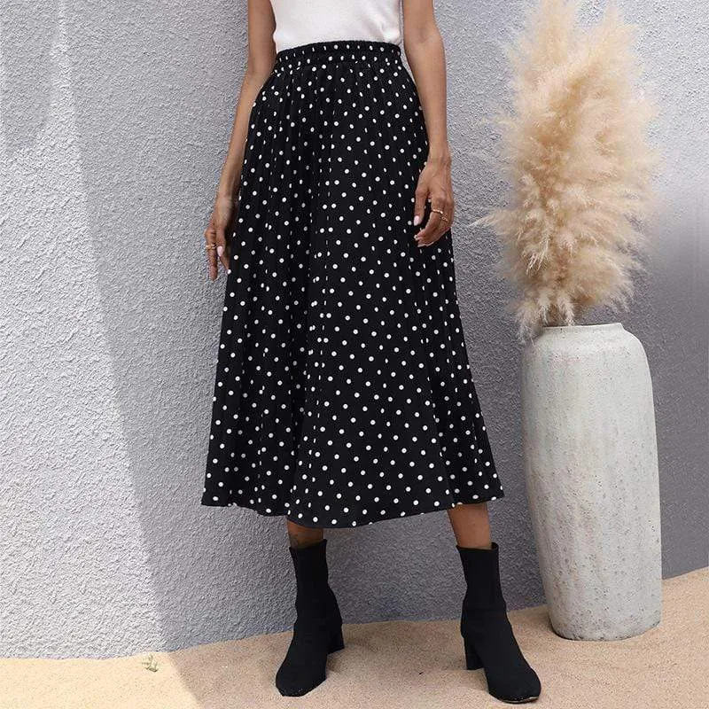 Boho Black Midi Skirt with White Polka Dots