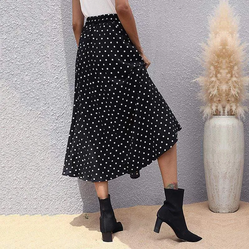 Boho Black Midi Skirt with White Polka Dots