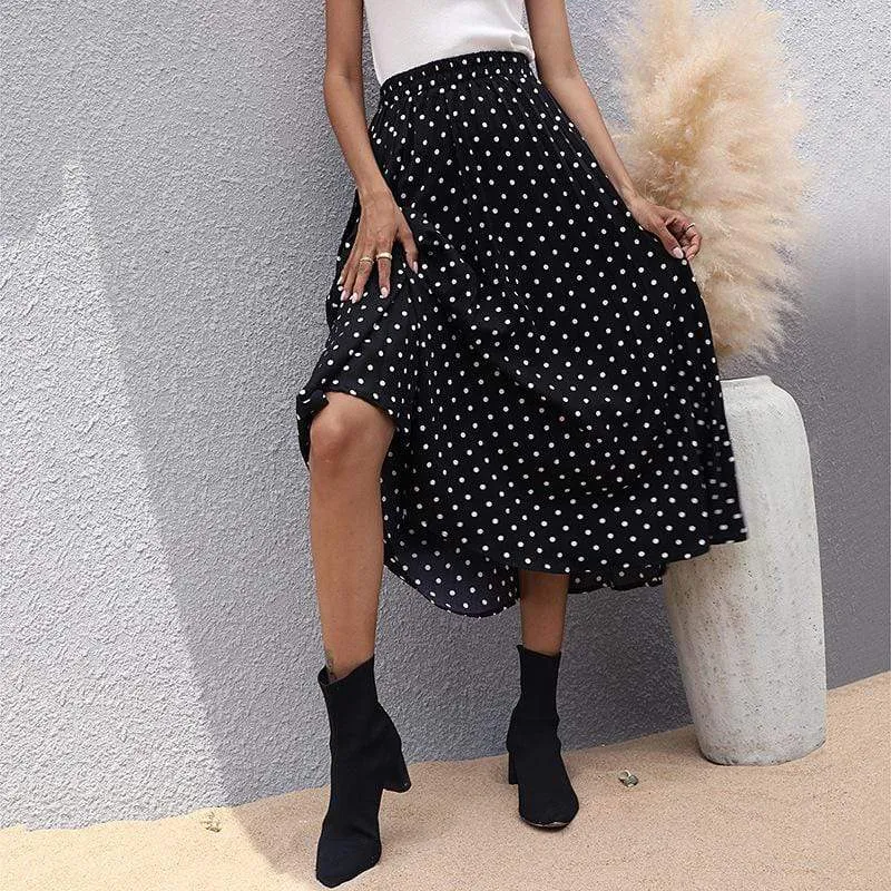 Boho Black Midi Skirt with White Polka Dots