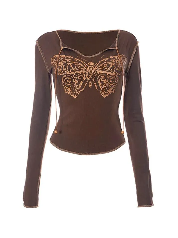 Butterfly Print Notch Neck Quilted Long Sleeve Tee