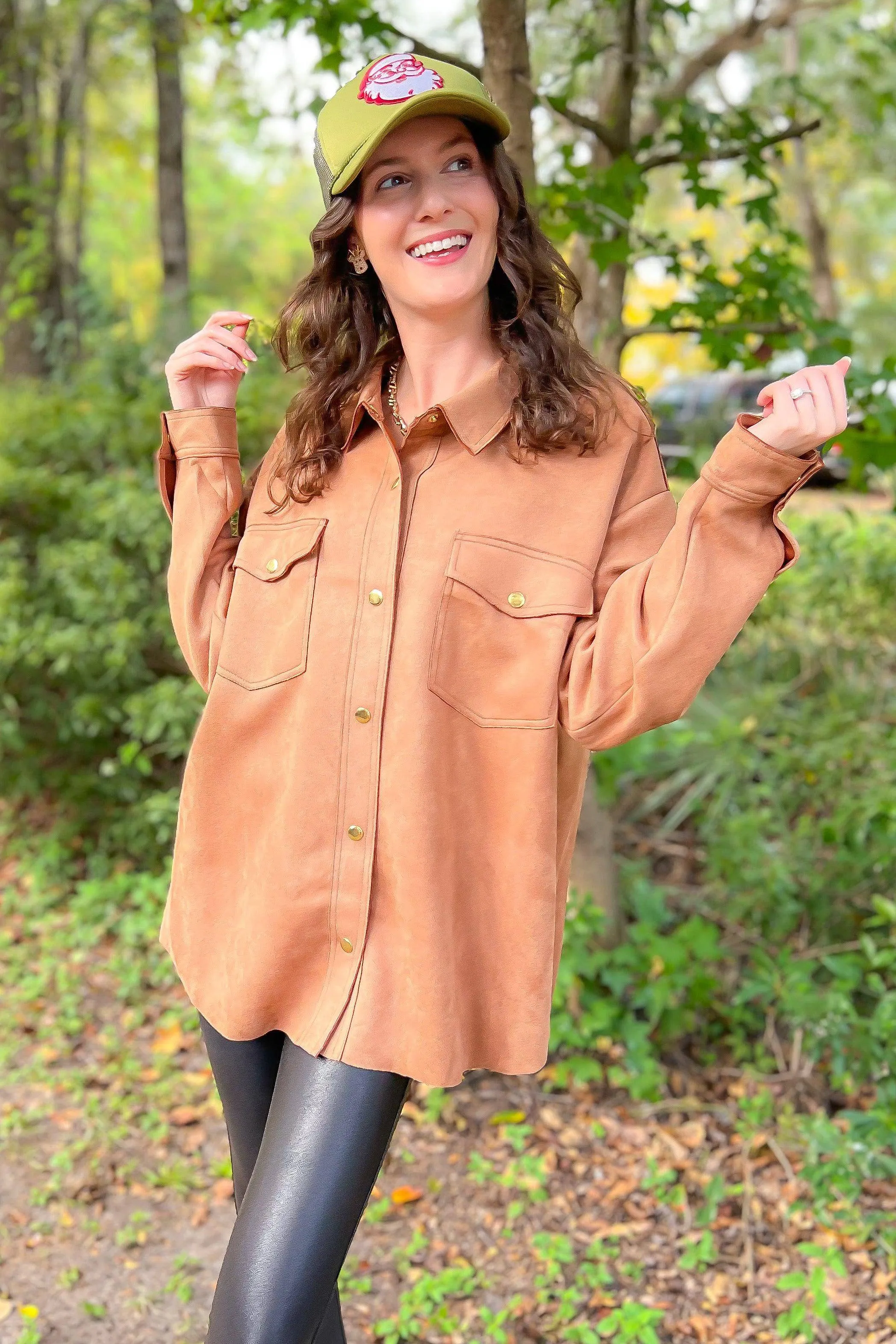 Camel Faux Suede Button Up Shacket