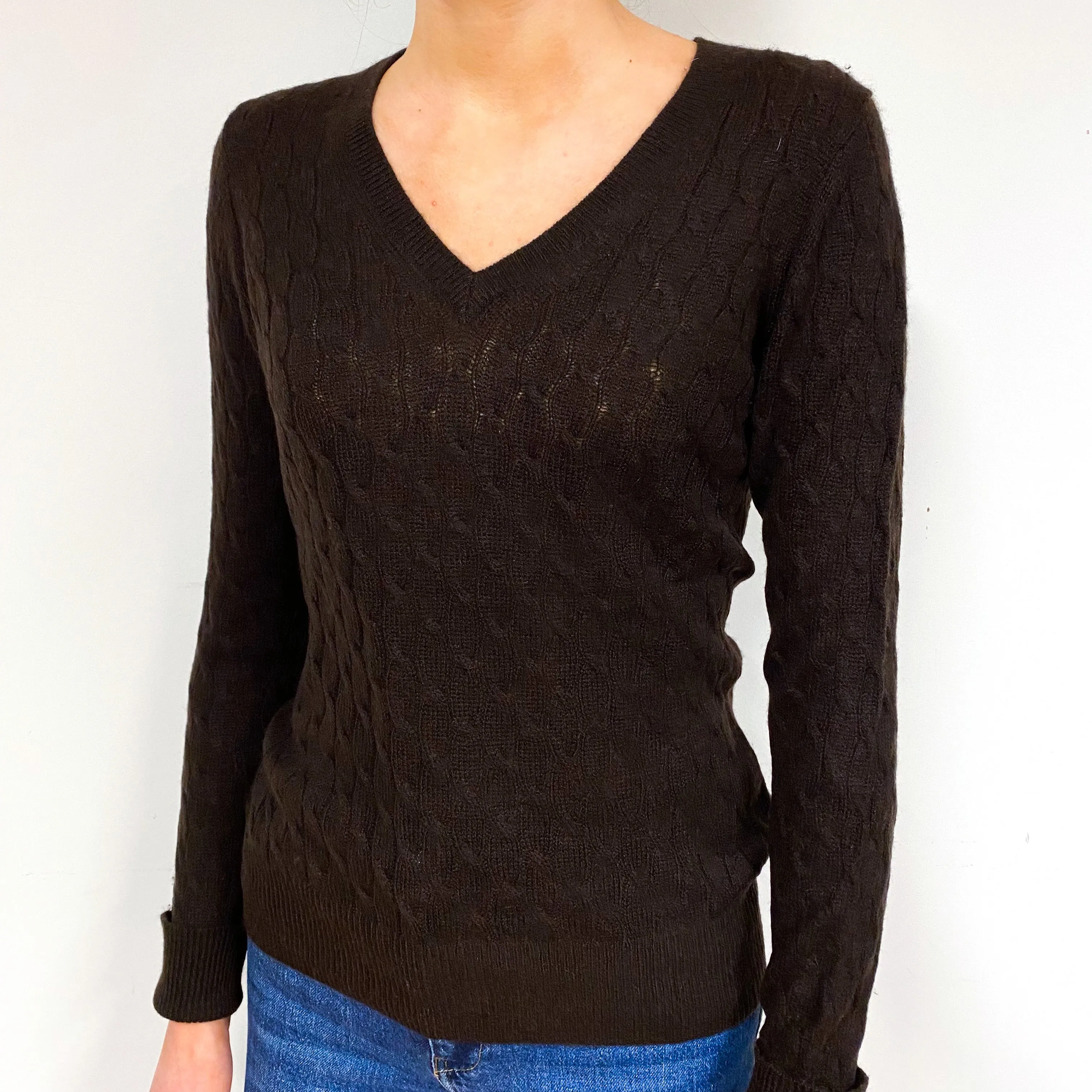 Chocolate Brown Cable Cashmere V-Neck Jumper Extra Small