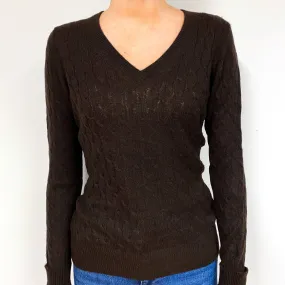 Chocolate Brown Cable Cashmere V-Neck Jumper Extra Small
