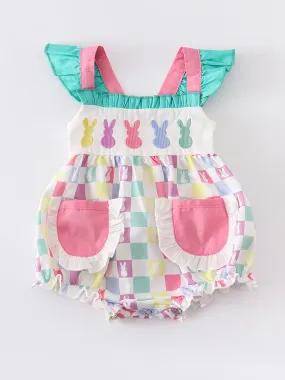 Colored Plaid Rabbit Applique Ruffle Baby Romper