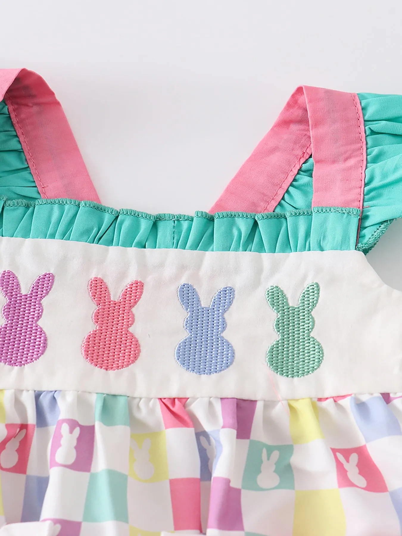 Colored Plaid Rabbit Applique Ruffle Baby Romper
