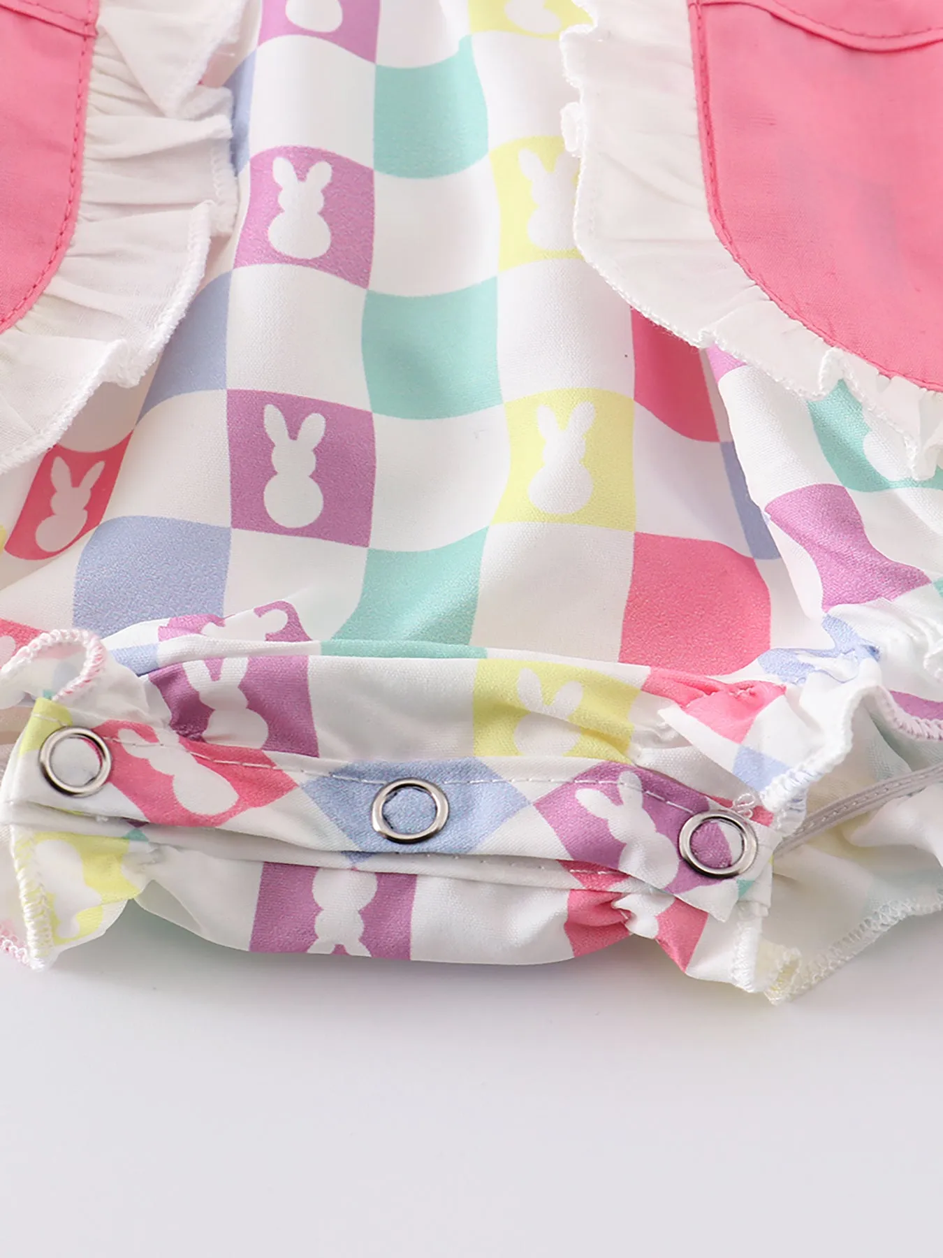 Colored Plaid Rabbit Applique Ruffle Baby Romper