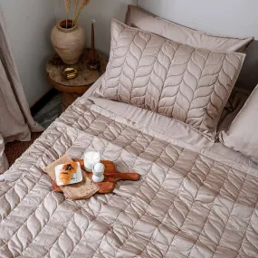Cotton Bedcover with 2 Pillow Covers | Leaf Design | Beige