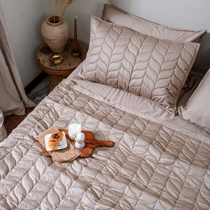 Cotton Bedcover with 2 Pillow Covers | Leaf Design | Beige