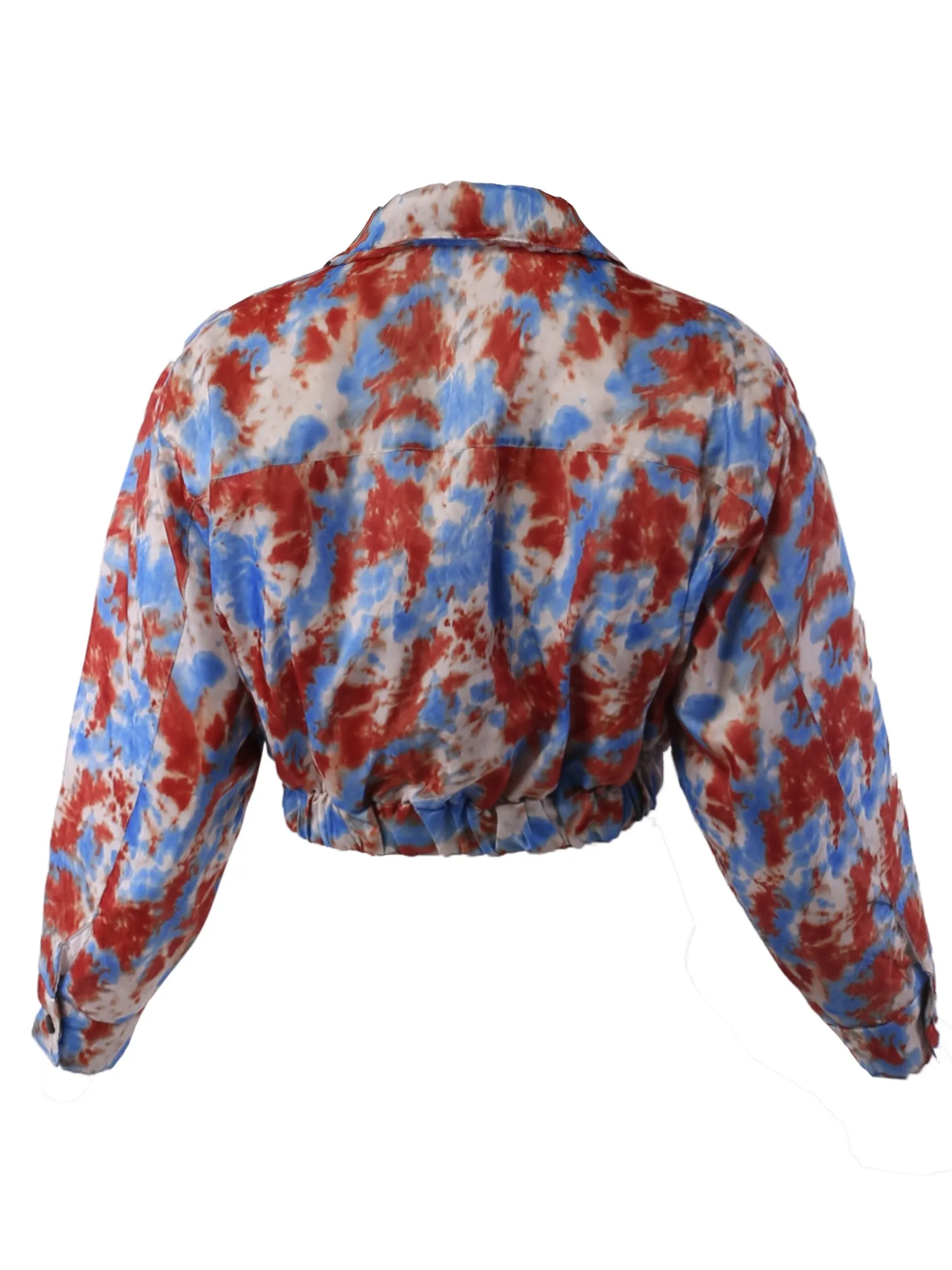 Cropped Front Two Pocket Snap Quilted Padding Bomber Jacket Tie-dye Black Blue