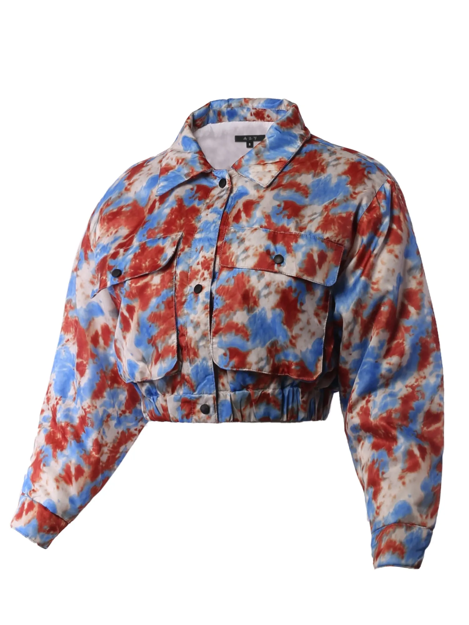 Cropped Front Two Pocket Snap Quilted Padding Bomber Jacket Tie-dye Black Blue