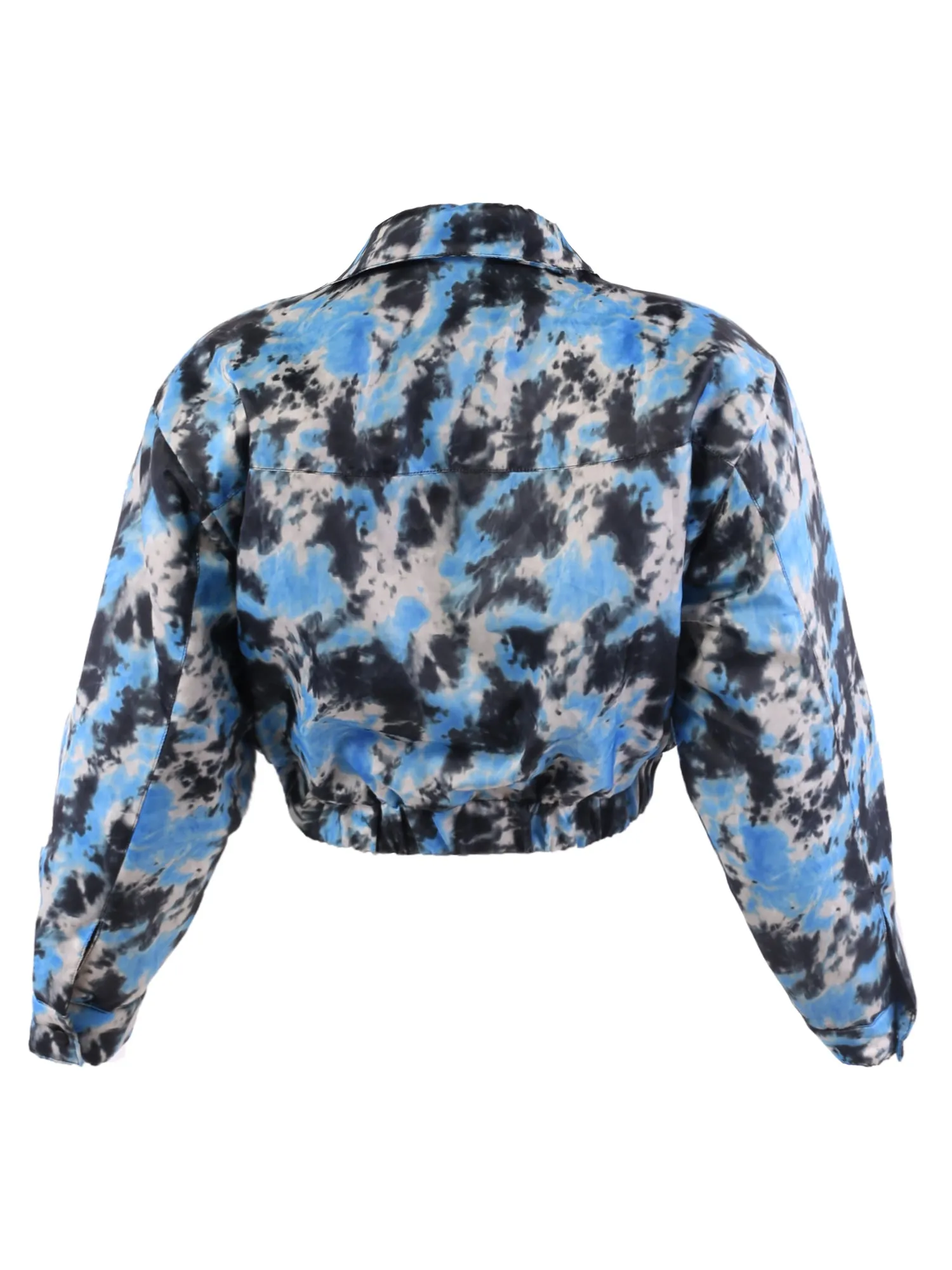 Cropped Front Two Pocket Snap Quilted Padding Bomber Jacket Tie-dye Black Blue